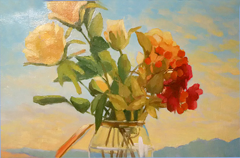 油彩画　窓辺の花